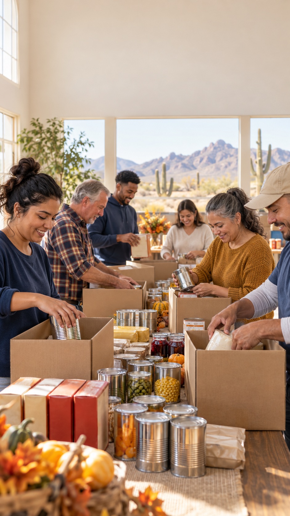 Community volunteers packing non-perishable food into boxes for a Thanksgiving drive